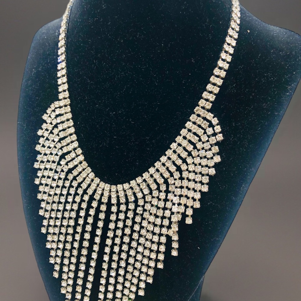 Vintage Rhodium Plated Crystal Fringe Statement Necklace